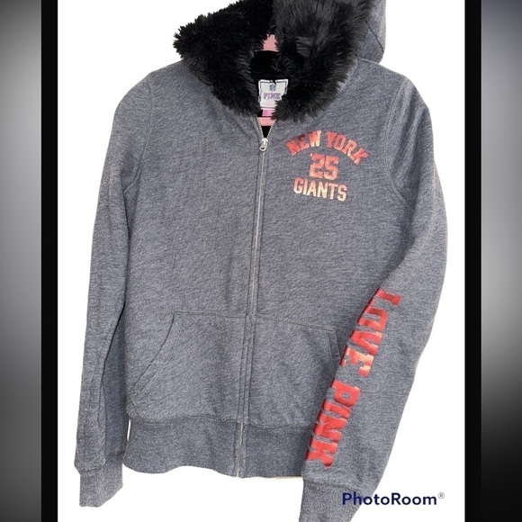PINK NFL NYGiants Faux Fur Lined Zip Hoodie Sequinned Helmet Bling Warm Tailgate - Picture 5 of 10